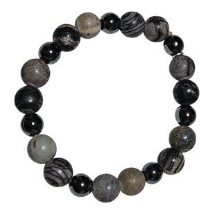 Natural Stone Beaded Bracelet Black Gray Tones Classic Minimalist Jewelry Women